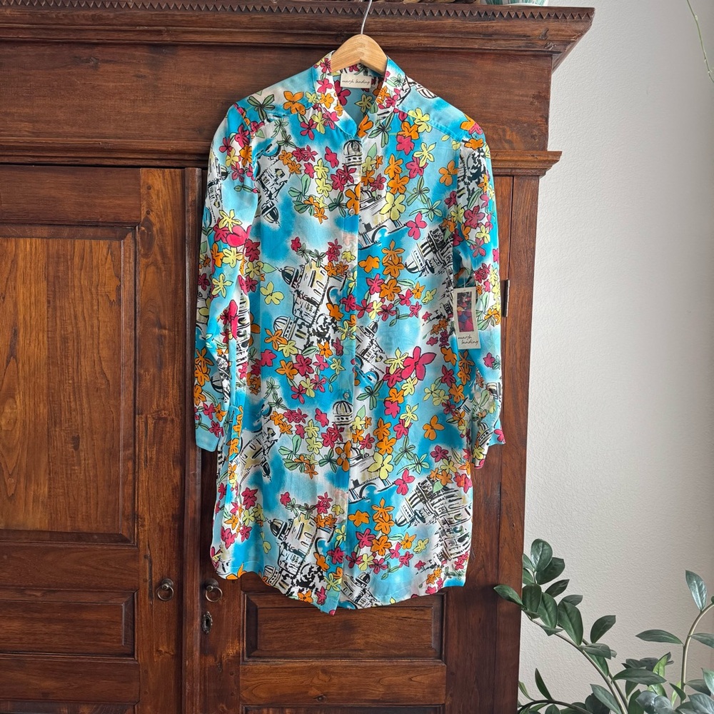 Marsh Landing 100% Silk Floral Tunic Top Turquoise Multicolor Print